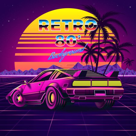 retro car with vintage background 80`s style