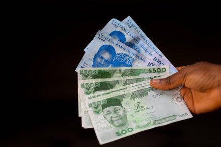 Téléchargez les photos : Main tenant de l'argent. Billets de monnaie nigériane en Afrique - en image libre de droit