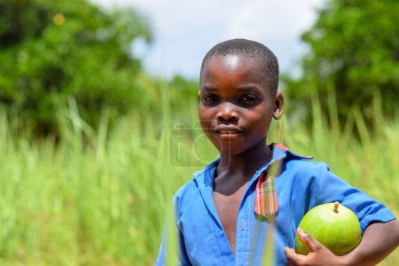 Téléchargez les photos : Abuja, Nigeria - 12 juin 2023 : Portrait d'un mignon écolier africain posant sur le fond d'herbe verte - en image libre de droit