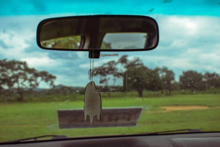 Téléchargez les photos : Arbres verts et ciel bleu dans la savane africaine, vue de la voiture - en image libre de droit
