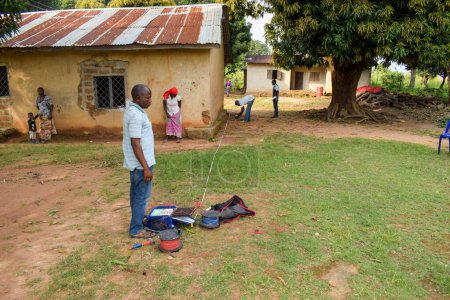 Photo for Abuja, Nigeria - October 28, 2021: African Geologists and Team Members Conducting Geophysical Survey for Water Availability in the Ground. Soil Science and Test. Rural Water Project. - Royalty Free Image