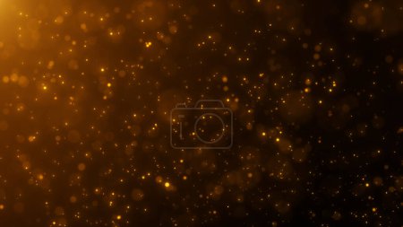 Abstract background of gold blurred particles flying down. Dust overlay occupying the whole space, yellow sand particles levitating in the air. Shiny bright powder flying on dark
