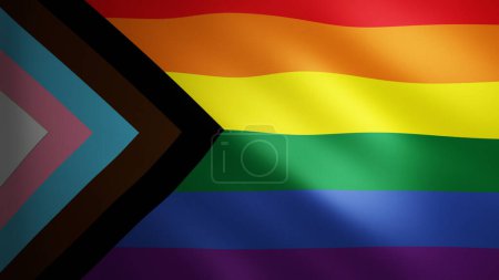 Progress Pride flag with fabric texture that moves in the wind. Smooth movement of the waving flag in a perfect loop. Sexual diversity and gender identity. Black, white, rainbow. 