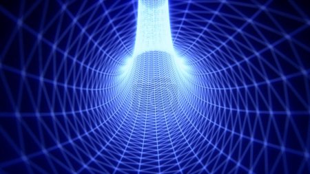 Foto de Volando a través de un túnel de neón azul brillante abstracto hecho con conexiones de línea brillantes. Tecnología futurista digital ilustración abstracta brillante. - Imagen libre de derechos
