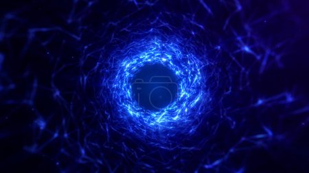 Photo for Flying in a motion digital low-poly wormhole, tunnel consisting blue sparkling particle and lines. Way through the digital abstract network beautiful blue particles. - Royalty Free Image