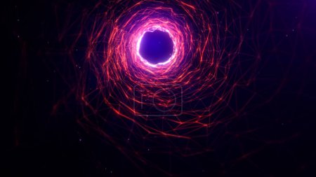 Photo for Abstract digital space of a dynamic glowing red tunnel of lines dots and particles. Flying through a futuristic shiny energy vortex. Virtual reality background for VJ performance. - Royalty Free Image