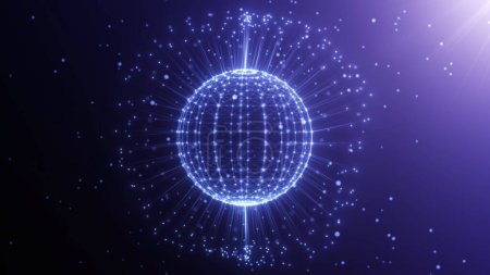 Esfera azul púrpura digital abstracta de líneas y partículas brillantes que giran en el espacio vacío. Estructura de conexión de red. Fondo de tecnología futurista con datos de conexión digital.