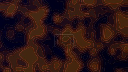 Abstrakte topografische Oberfläche, ein Fluss leuchtender neonoranger Linien und Formen auf dunklem Hintergrund. Memphis minimaler Flüssigkeitsverlauf, Umriss Kartographie Wellen Textur Landschaft Material. 