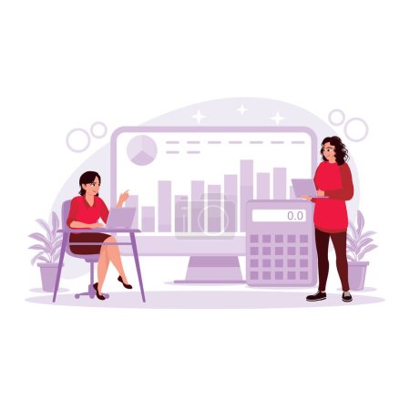 Two female employees do financial, tax, statistical, and accounting calculations using laptops and calculators. Trend Modern vector flat illustration.