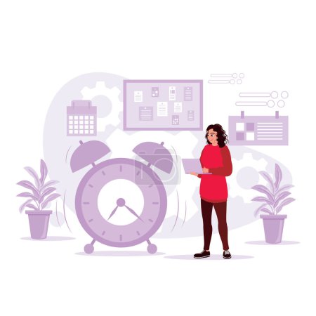 Les femmes travaillent tard au bureau et envisagent sérieusement les échéances des projets d'entreprise. Tendance Illustration plate vectorielle moderne.