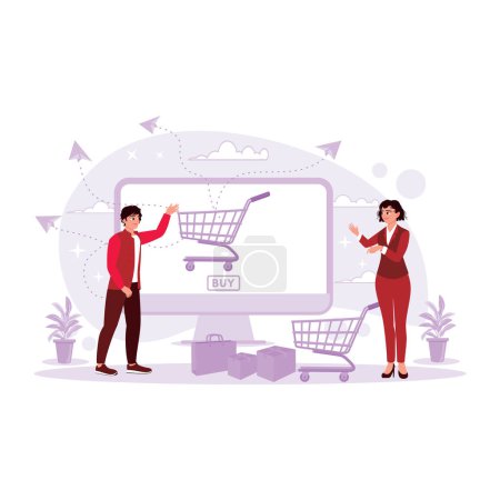 Young women and men with packages, trolleys, and shopping bags. Online shopping and delivery concept. Trend Modern vector flat illustration.