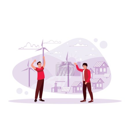 Illustration for Two young men successfully operate groundwater pumped by submersible pumps using solar power. Trend Modern vector flat illustration. - Royalty Free Image