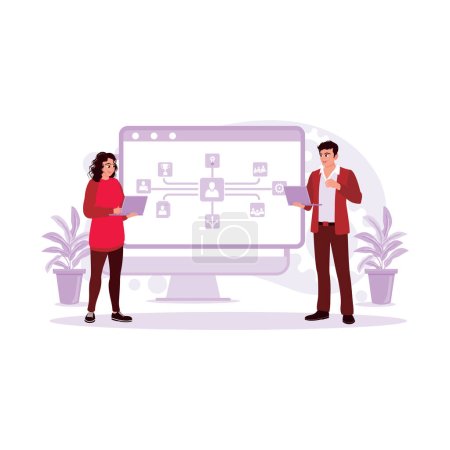 Les gens d'affaires et les employés se rencontrent sur un ordinateur avec un écran d'icône Web bannière. Tendance Illustration plate vectorielle moderne.