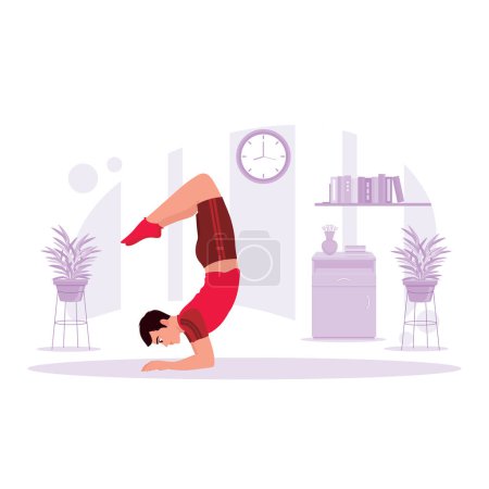 Illustration for Side view of a man practising yoga in a scorpion pose at home. Trend Modern vector flat illustration. - Royalty Free Image