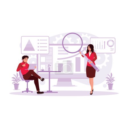 Display charts and graphs on a computer screen and analyzed by two employees. Concept of business accounting and statistics. Trend Modern vector flat illustration.
