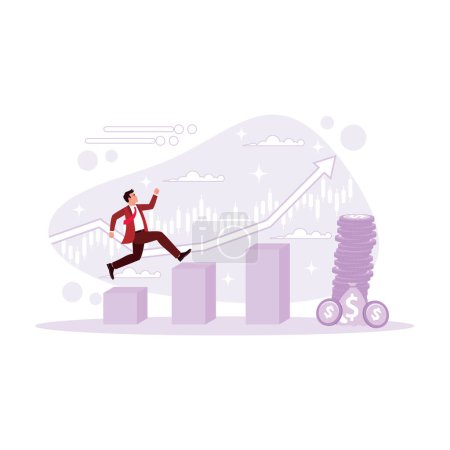 Illustration for An entrepreneur who walks on a beam to reach the pinnacle of career promotion success and salary. Trend Modern vector flat illustration. - Royalty Free Image
