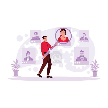 Illustration for Man with magnifying glass focusing on woman's concept of recruitment, analysis, investigation, and research. Trend Modern vector flat illustration. - Royalty Free Image