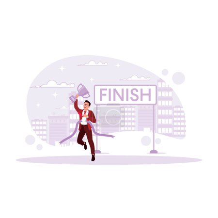 The businessman with a happy face made it across the finish line with a trophy. Career promotion concept. Trend Modern vector flat illustration.