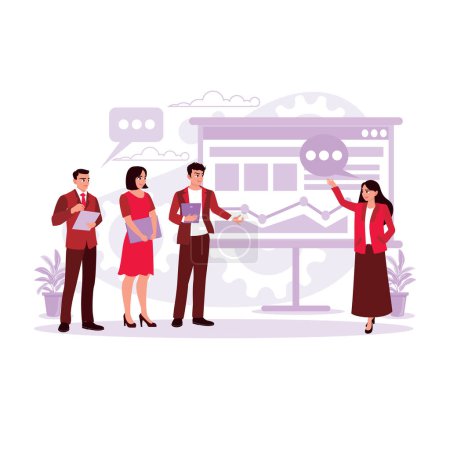 A group of modern young people discussing and planning business strategy and a woman explaining infographics on a screen. Trend Modern vector flat illustration.