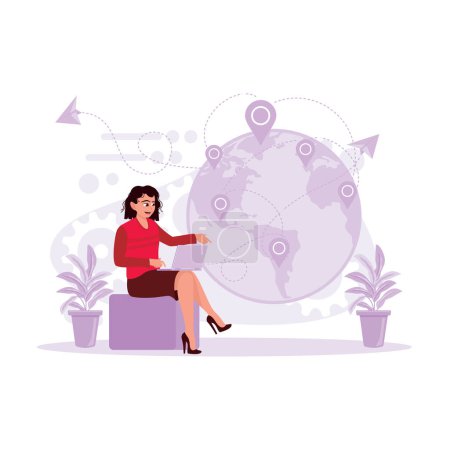 Ilustración de La joven está sentada en un pequeño sofá con una computadora portátil en su regazo, mirando una red futurista y holograma planetario a través de una computadora portátil con una conexión a Internet rápida. Tendencia Moderno vector ilustración plana. - Imagen libre de derechos