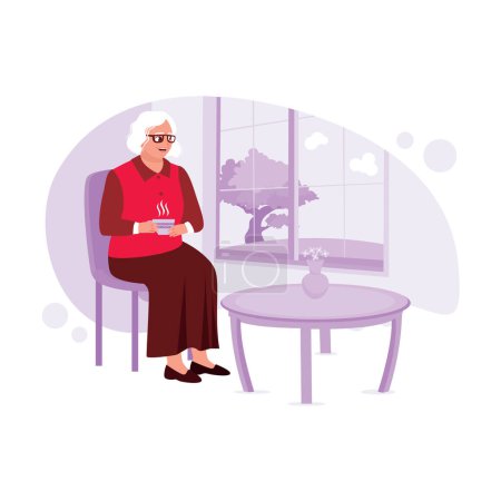 Eine ältere Frau mit Brille sitzt gemütlich am Fenster und nippt an heißem Tee. Trend Moderne Vektorflache Illustration.