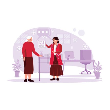 Illustration for The female doctor talks to an old female patient and explains the patient's condition. Trend Modern vector flat illustration. - Royalty Free Image