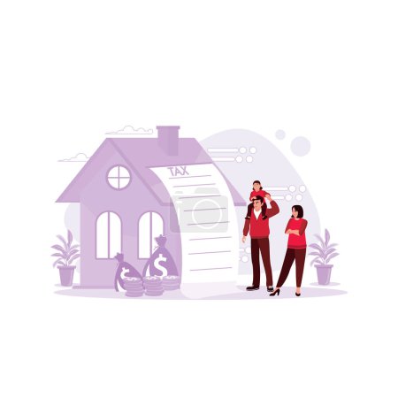 Illustration for A family with a house, the word taxes, and a bag of money. Real estate tax concept, luxury tax payment, and law-abiding. Trend Modern vector flat illustration. - Royalty Free Image