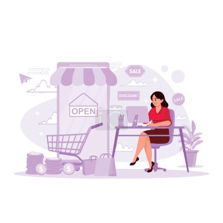 Illustration for SME business pioneer, female entrepreneur working with computers. Accept online orders. Online shopping concept. Trend Modern vector flat illustration. - Royalty Free Image