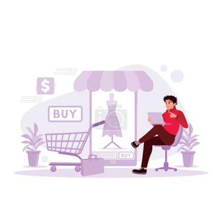 Illustration for Young man sitting relaxed with a laptop, opens an online shopping web and buys a dress. Trend Modern vector flat illustration. - Royalty Free Image