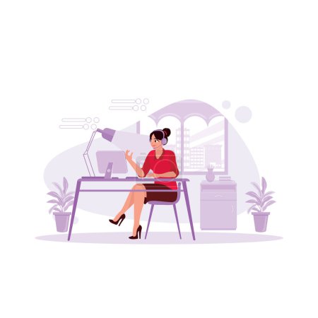 Female employees wearing headphones work late into the night in the office. Trend Modern vector flat illustration.