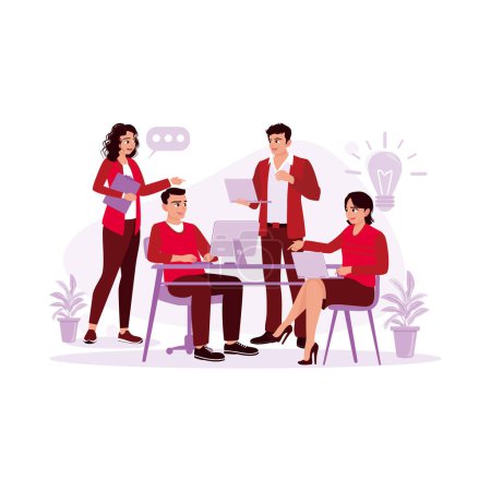 Illustration for Businessman having a meeting with his colleagues in the office. businessman is presenting his work to the work team. flat vector modern illustration - Royalty Free Image