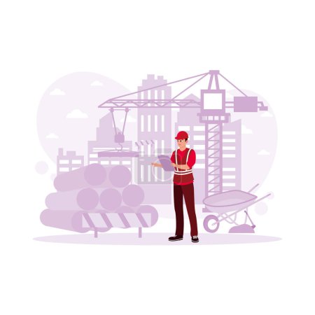 Illustration for Man in Helmet and Suit on Project. Architects and construction workers. Trend Modern vector flat illustration. - Royalty Free Image