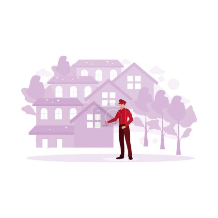 Illustration for Bodyguard. Security guard in uniform guiding a client for safety. Trend Modern vector flat illustration. - Royalty Free Image