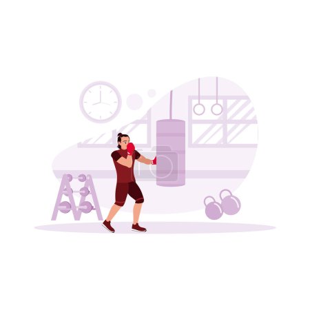 Illustration for Male boxer, enthusiastically punching a punching bag in front of him in a modern gym complete with sports facilities and a wall clock to indicate the time. Trend Modern vector flat illustration. - Royalty Free Image