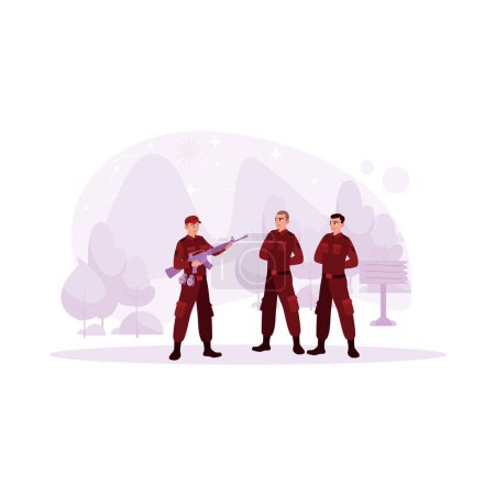Ilustración de Tres soldados, siguiendo maniobras militares, contra un árbol sombreado en el fondo, uno portando un arma de fuego y dos con una actitud de descanso perfecta. Tendencia vector moderno ilustración plana. - Imagen libre de derechos