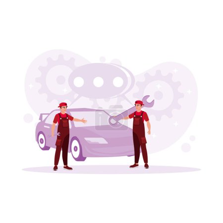 Illustration for Two mechanics and a car. Arguing about the car problem, one of them brought the key. Trend Modern vector flat illustration. - Royalty Free Image