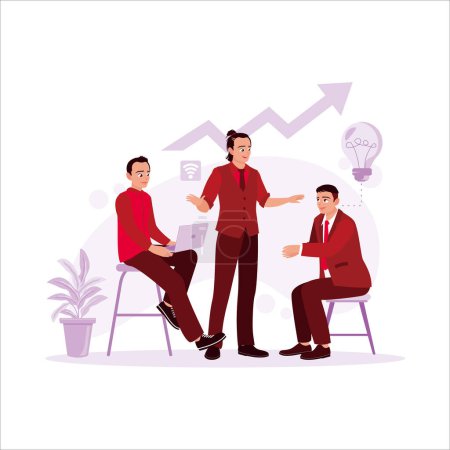 Illustration for Three men were discussing business seriously. Two of them sat down and opened laptops, and one of them stood up and explained seriously. Background with beautiful flowers and brilliant thoughts. Trend modern vector flat illustration. - Royalty Free Image
