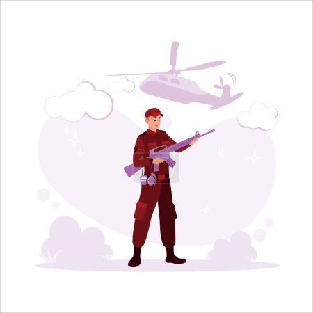 Illustration for Special soldiers are carrying firearms and taking part in military maneuvers. With a helicopter in the air. Trend modern vector flat illustration. - Royalty Free Image