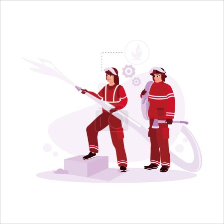 Illustration for Two firefighters in full uniform conduct firefighter training. And one of the officers uses a fire extinguisher to put out fires in an emergency. Trend Modern vector flat illustration. - Royalty Free Image