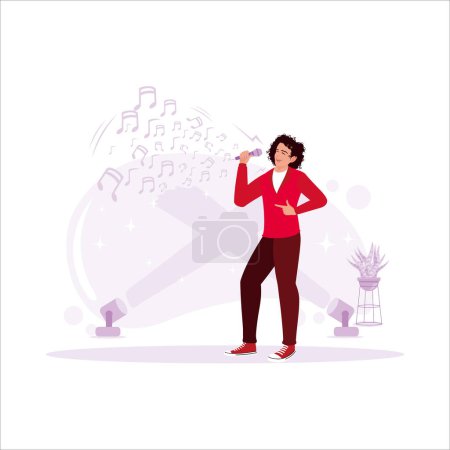 Illustration for The male singer, appearing on stage, complete with spotlights, sings a song. Trend modern vector flat illustration. - Royalty Free Image