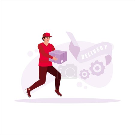 Illustration for Package delivery, carrying boxes filled with packages, delivering packages with enthusiasm, and providing good service. Trend modern vector flat illustration. - Royalty Free Image