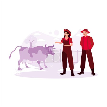 Ilustración de La feliz pareja, propietarios de una granja lechera, mirando vacas sanas. Tendencia vector moderno ilustración plana. - Imagen libre de derechos