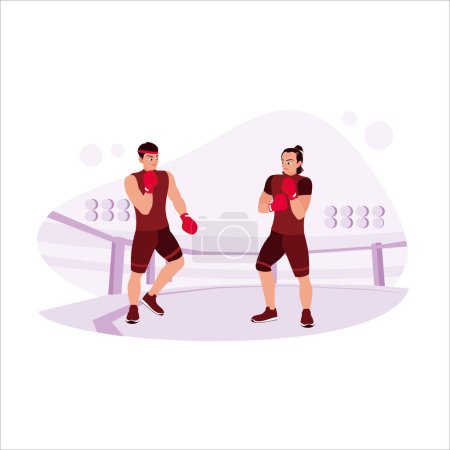 Illustration for Two professional boxers, boxing duel in the ring, with power and attack. Trend modern vector flat illustration. - Royalty Free Image
