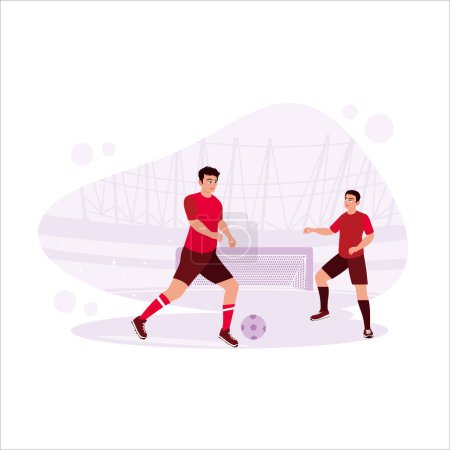 Illustration for Professional soccer players are ready to kick with the ball in front, and opponents are ready to prevent goals. Trend Modern vector flat illustration. - Royalty Free Image