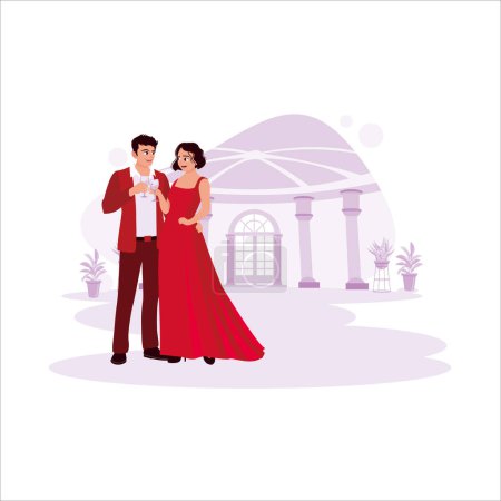 Illustration for Portrait of a well-matched young couple, looking happy, toasting in a beautiful room with flowers. Trend modern vector flat illustration. - Royalty Free Image