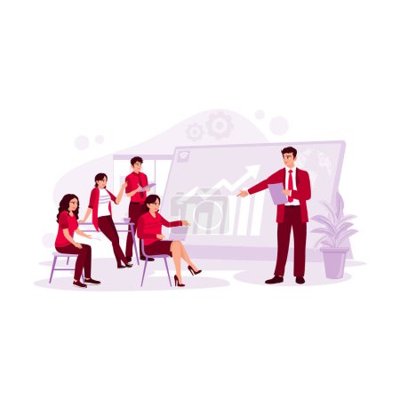 Illustration for Young manager presenting a project to team employees in a work meeting. Directing and motivating the graph to continue to improve. Trend Modern vector flat illustration. - Royalty Free Image