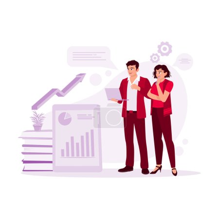 Illustration for Teamwork colleagues, male colleagues explaining company charts with laptops, and female colleagues listening to explanations. Trend modern vector flat illustration. - Royalty Free Image