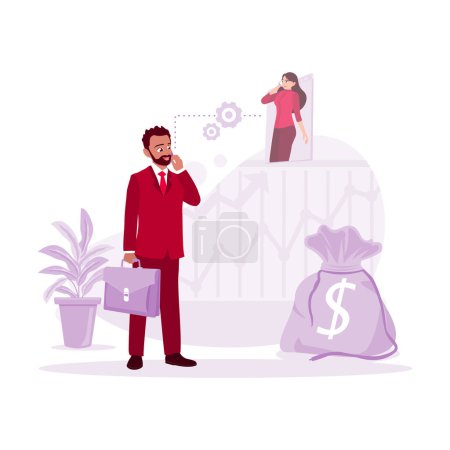 Illustration for Young businessman, carrying a bag while calling a business colleague, thinking about future projects to make a more significant profit. Trend modern vector flat illustration. - Royalty Free Image