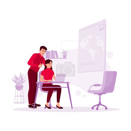 Illustration for Happy man and woman surfing the internet on a laptop. Learn new things with advances in technology, modern trend vector flat illustration. - Royalty Free Image