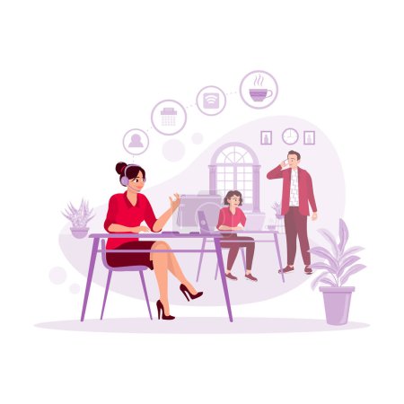 Illustration for Young female operators focused on working in the call center and female and male co-workers in the office. Trend modern vector flat illustration. - Royalty Free Image
